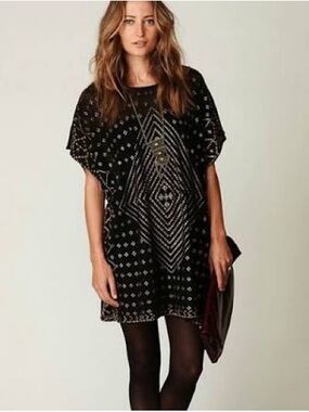 Free People New Romantics Mesh Poncho Black Gold Sz XS